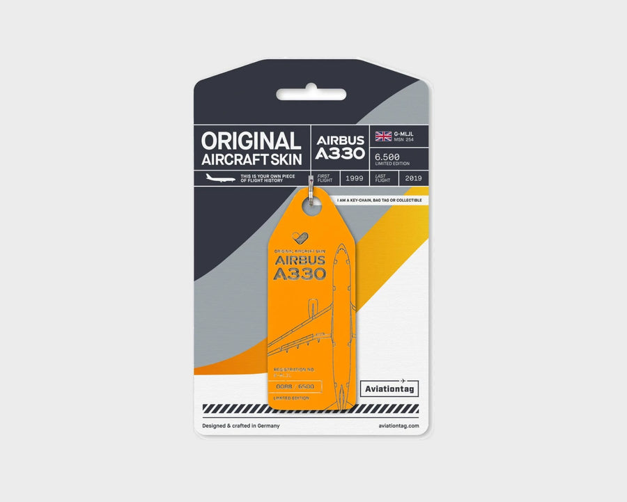 Thomas Cook Airbus A330 G-MLJL Aviationtag, aircraft skin keychain in yellow on original packaging