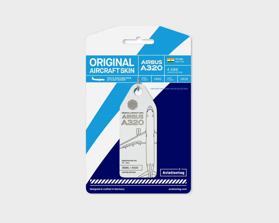 IndiGo Airbus A320 VT-IDV Aviationtag, aircraft skin keychain in white on original packaging