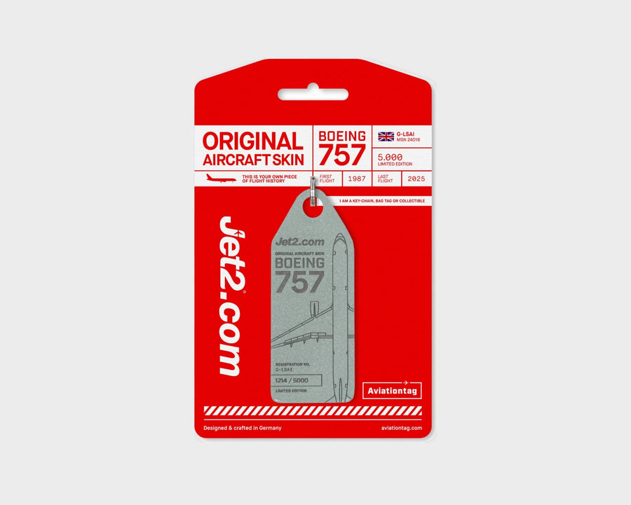 Jet2 Boeing 757 G-LSAI Aviationtag, aircraft skin keychain in grey on original packaging