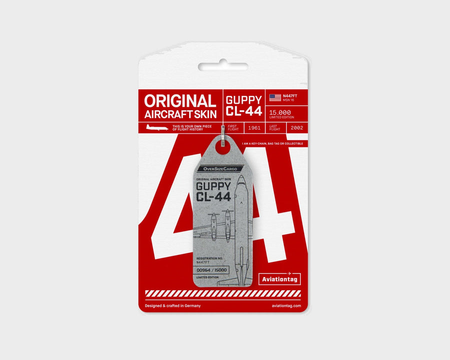 Conroy Skymonster CL-44 N447FT Aviationtag, aircraft skin keychain in silver on original packaging