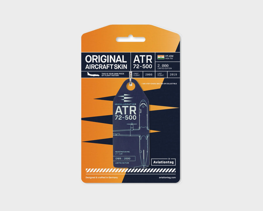 Jet Airways ATR 72 VT-JCM Aviationtag, aircraft skin keychain in dark blue on original packaging