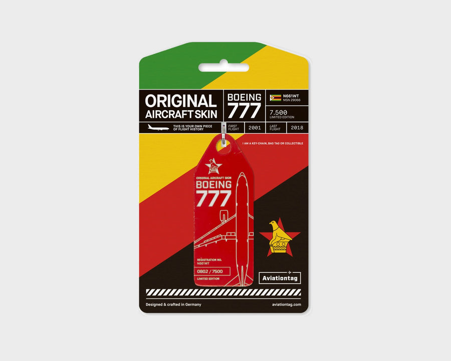 Air Zimbabwe Boeing 777 N661WT Aviationtag, aircraft skin keychain in red on original packaging