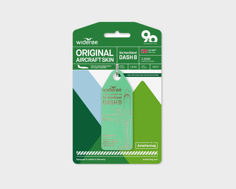 Wideroe Dash 8 LN-WFP Aviationtag, aircraft skin keychain in light green on original packaging