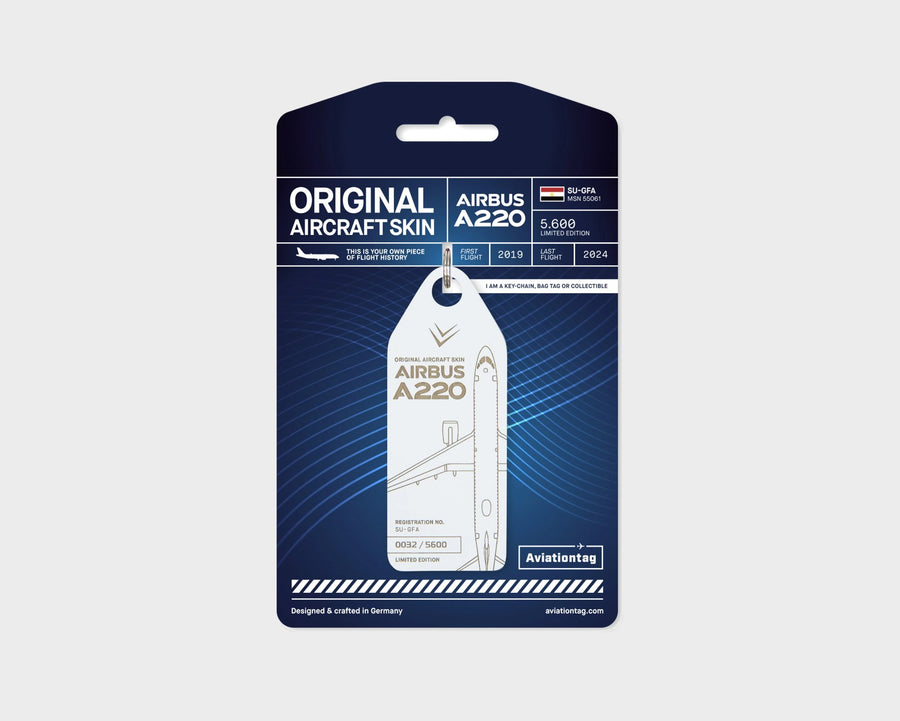 EgyptAir Airbus A220 SU-GFA Aviationtag, aircraft skin keychain in white on original packaging