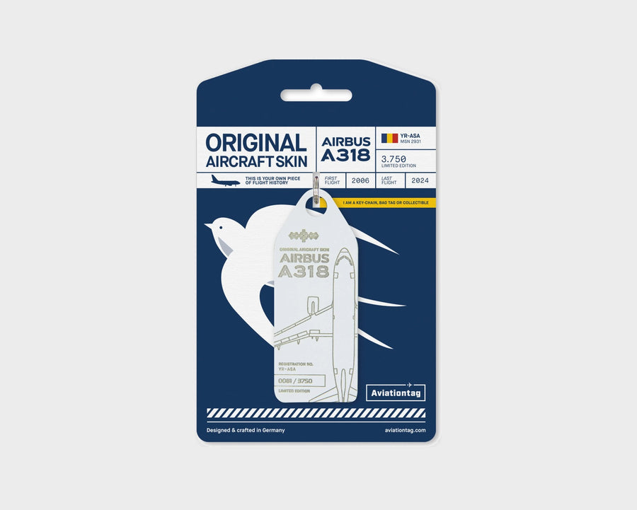 TAROM Airbus A318 YR-ASA Aviationtag, aircraft skin keychain in white on original packaging