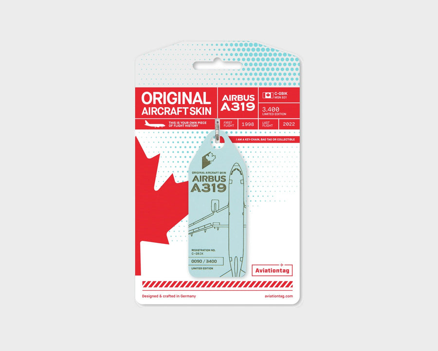 Air Canada Airbus A319 C-GBIK Aviationtag, aircraft skin keychain in turquoise on original packaging