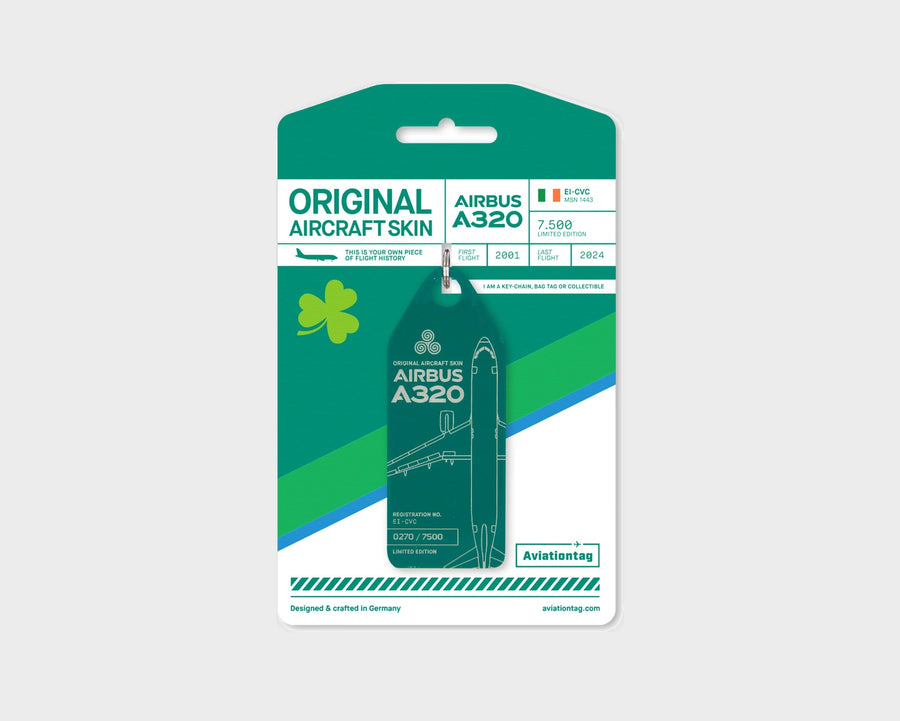 Aer Lingus Airbus A320 EI-CVC Aviationtag, aircraft skin keychain in green on original packaging