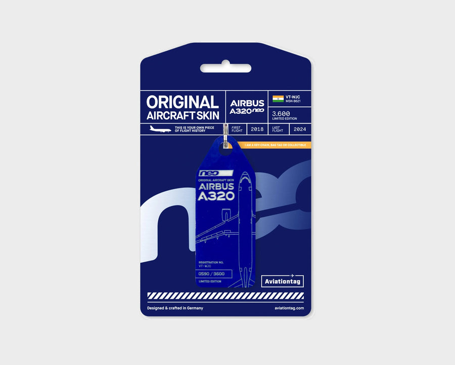 Go First Airbus A320neo VT-WJC Aviationtag, aircraft skin keychain in blue on original packaging