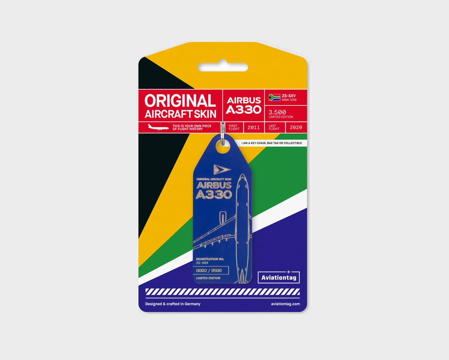 South African Airways Airbus A330 ZS-SXV Aviationtag, aircraft skin keychain in blue on original packaging