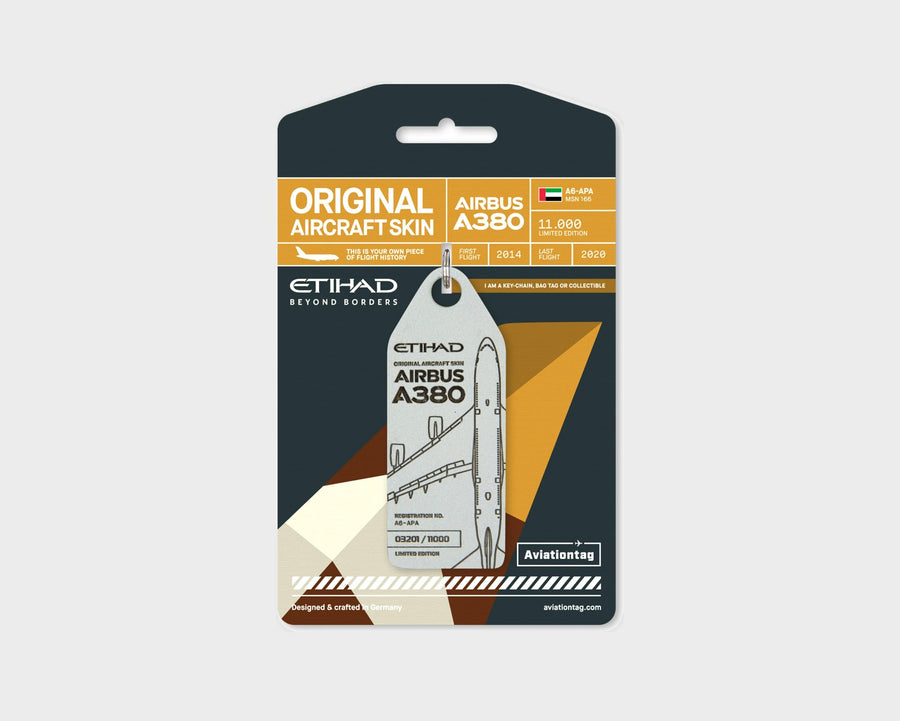 Etihad Airbus A380 A6-APA GLARE Aviationtag, aircraft skin keychain in grey on original packaging