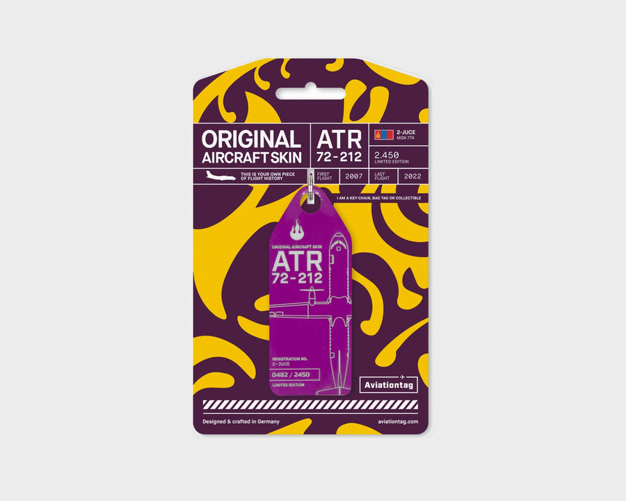 Hunnu Air ATR 72 2-JUCE Aviationtag, aircraft skin keychain in violet on original packaging