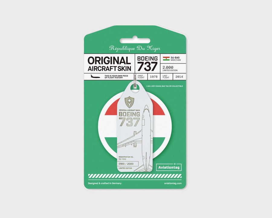 Niger Government Boeing 737-200 5U-BAG Aviationtag, aircraft skin keychain in white on original packaging