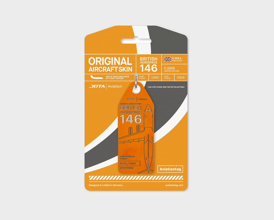 JOTA Aviation BAe 146 G-SMLA Aviationtag, aircraft skin keychain in orange on original packaging