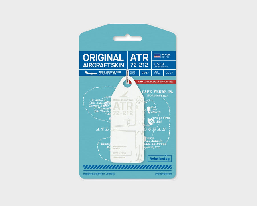 Cabo Verde Airlines ATR 72 D4-CBU Aviationtag, aircraft skin keychain in white on original packaging
