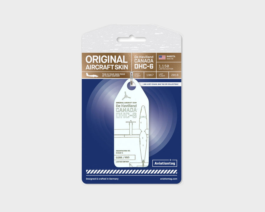 de Havilland Canada DHC-6 Twin Otter N460TA Aviationtag, aircraft skin keychain in white on original packaging