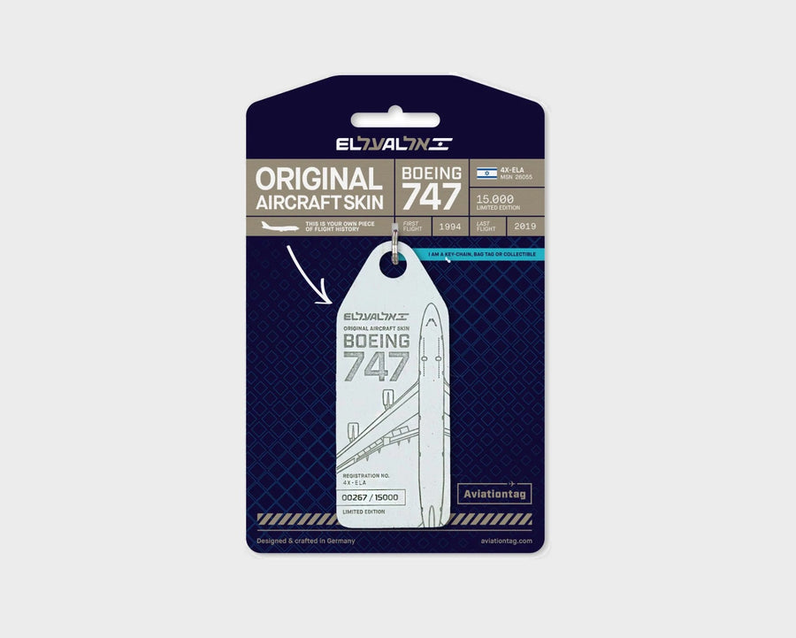 El Al Boeing 747 4X-ELA Aviationtag, aircraft skin keychain in white on original packaging