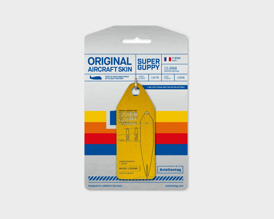 Super Guppy Turbine F-BTGV Aviationtag, aircraft skin keychain in yellow on original packaging