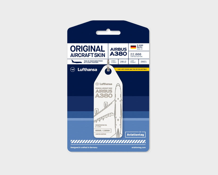 Lufthansa Airbus A380 D-AIMI GLARE Aviationtag, aircraft skin keychain on original packaging